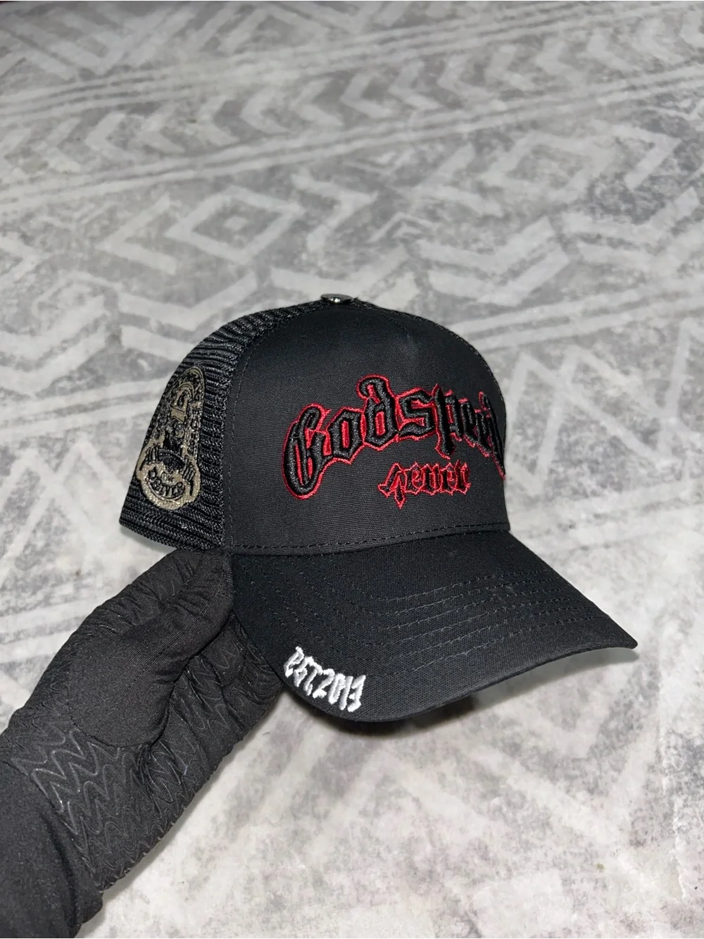 Black Trucker Cap with Red 'Godspeed' Gothic Embroidered Logo